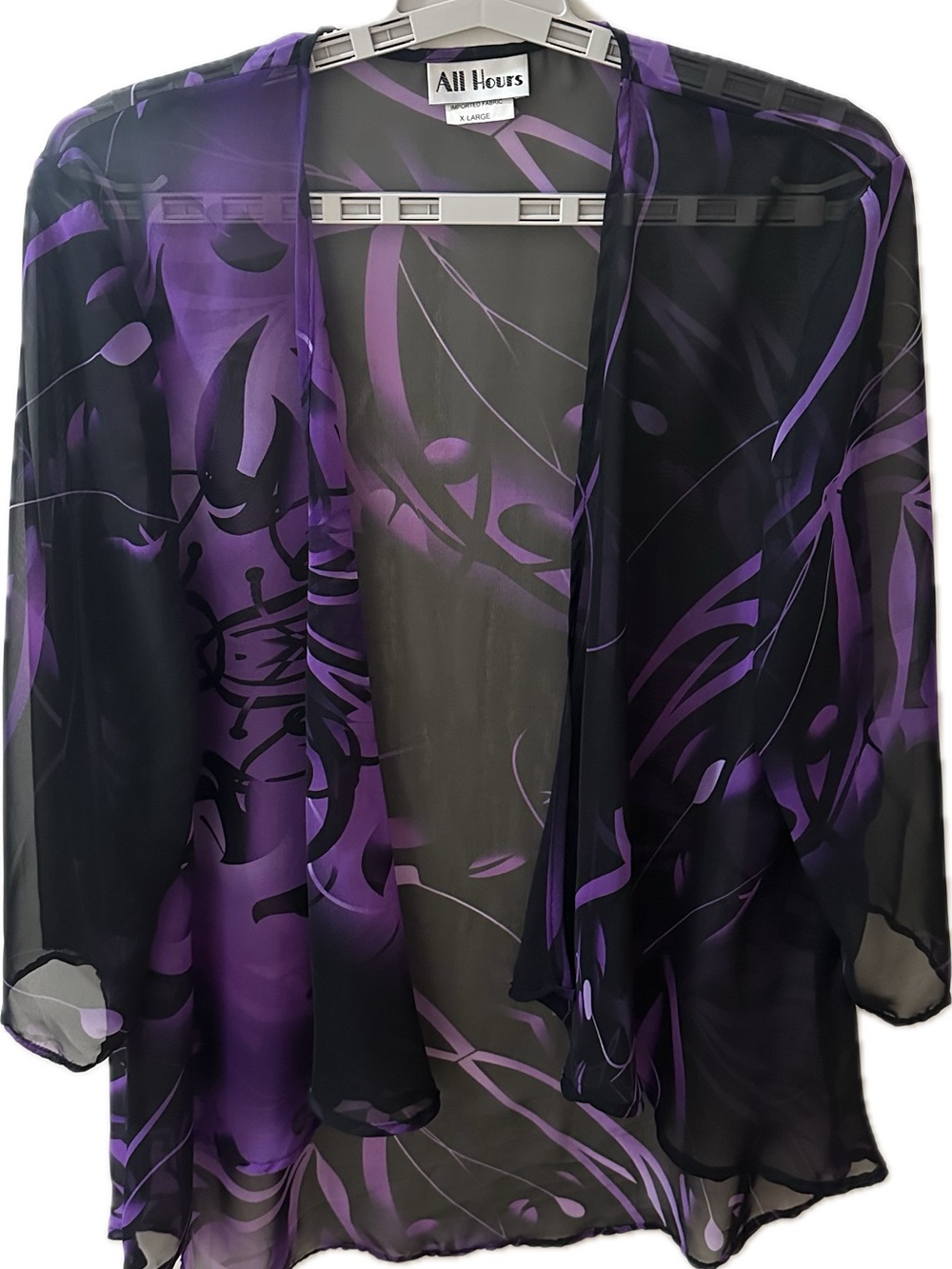 All Hours Women's Sheer Chiffon Kimono Open Front Abstract Purple Black XL